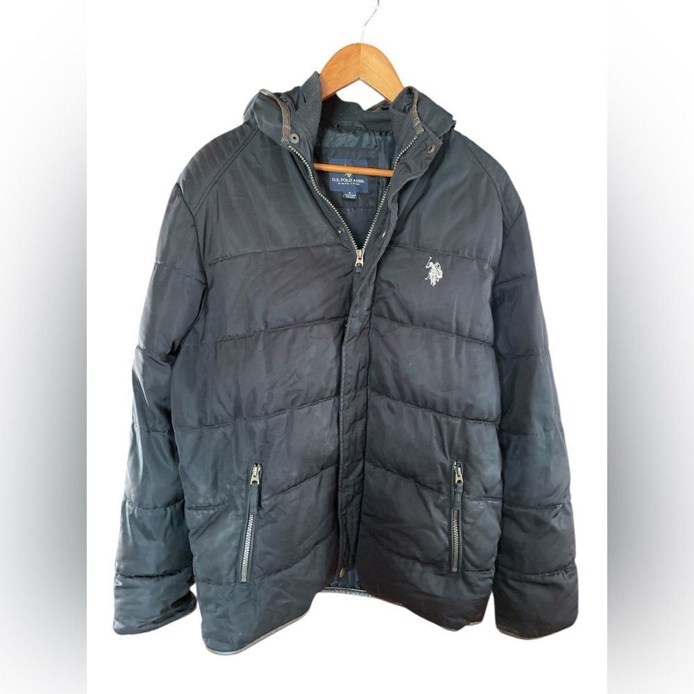 U.S. Polo Assn Black Puffer Jacket Hooded Leather Trim Winter Coat Men’s S